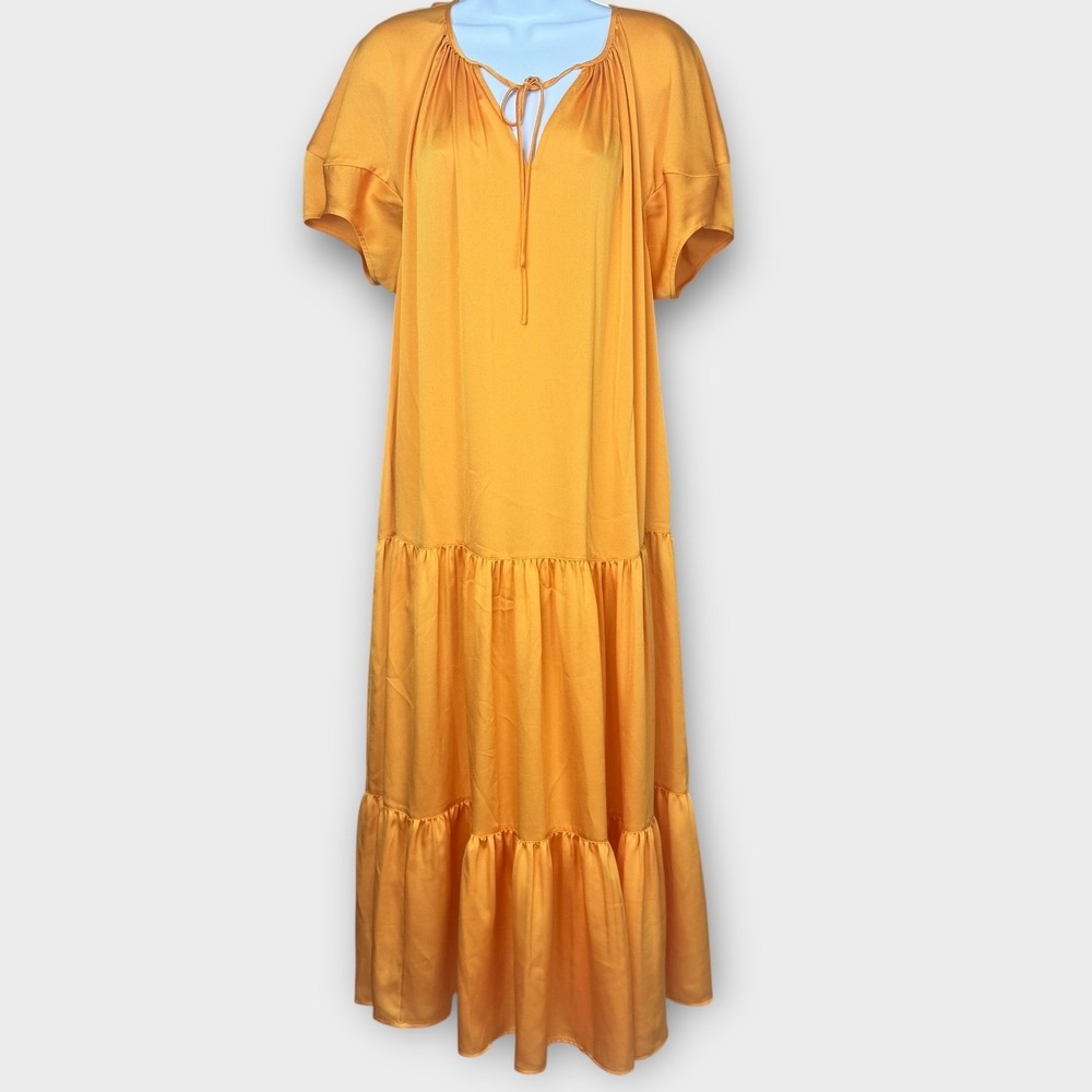 Lafayette 148 Maxi Dress Womens XS/S Yellow Gold‎ Tiered Split Neck Short Sleeve